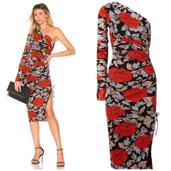 Diane Von Furstenberg Dresses & Skirts - Diane Von Furstenburg Ruched One Sleeve Floral Mesh Dress Boswell Black 6 Sexy